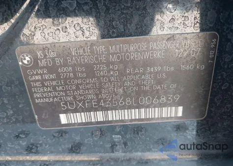 2008 BMW X5 3.0Si z USA, uszkodzony, nr VIN 5UXFE43568L006839